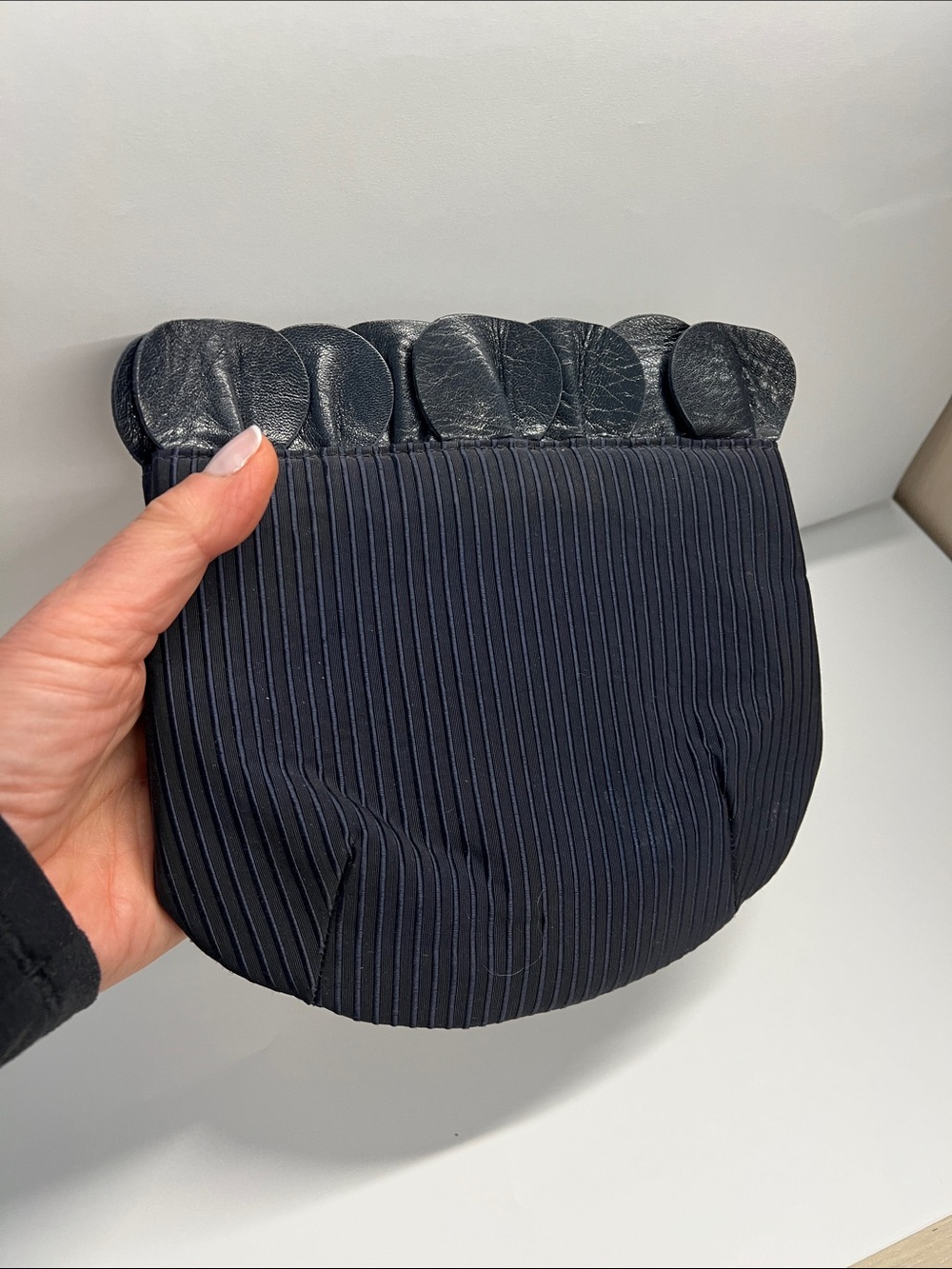Ugo Correani Navy Blue Fluted Satin and Leather Clutch Bag Made in Italy